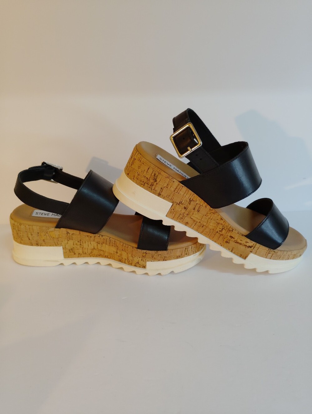 Steve Madden Black Leather Double-Strap Women's Sandals - Picture 5 of 8